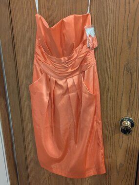 NWT David's Bridal Strapless Satin Peach Coral Short Formal Dress w/Pockets-2